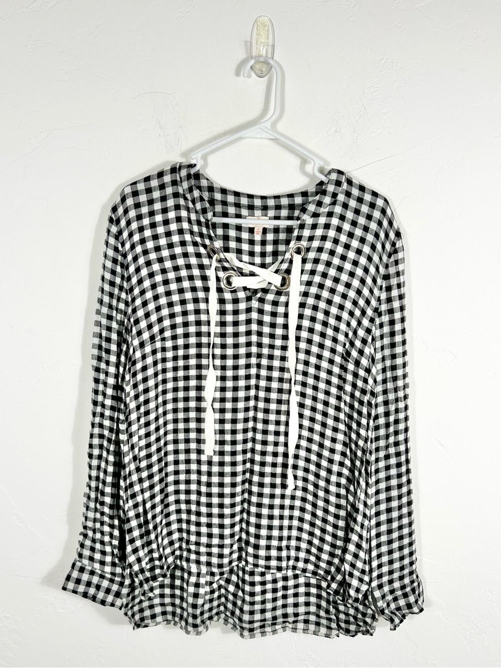 Pixley Stitch Fix Black White Gingham Plaid Lace Up Grommet Blouse Top XL
